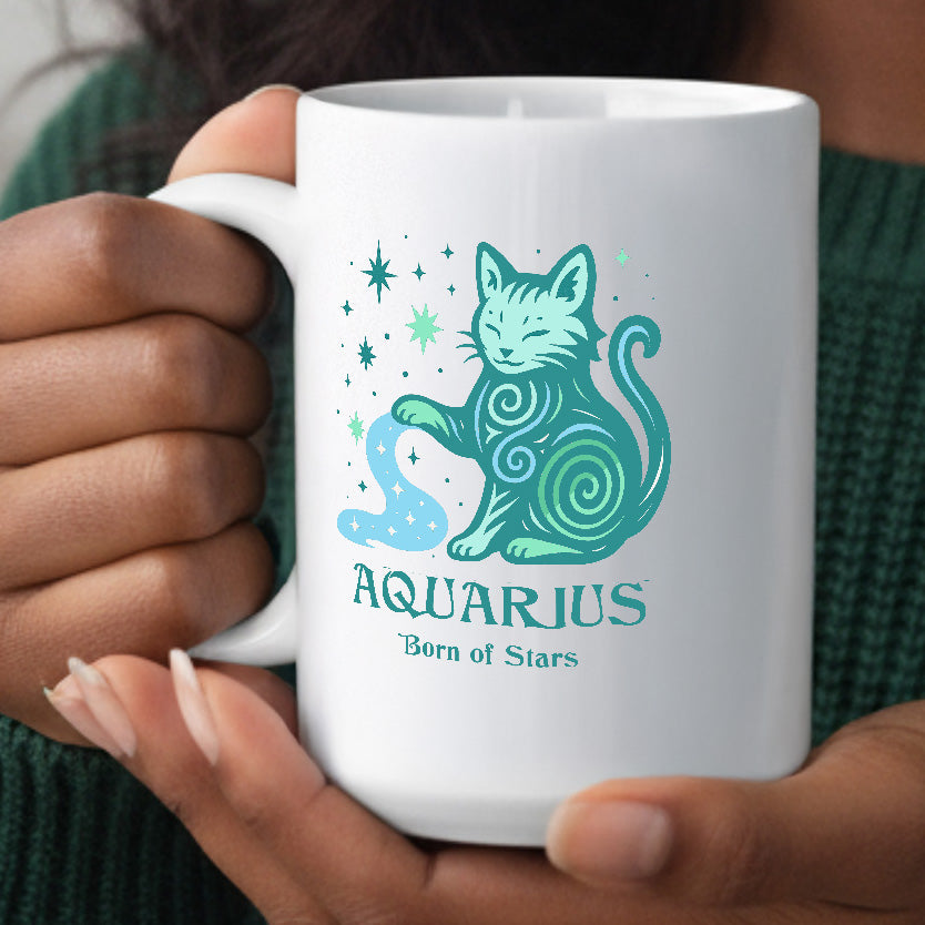Aquarius Zodiac Cat Mug - White | Astrological Sign Coffee Cup 11 or 15 oz