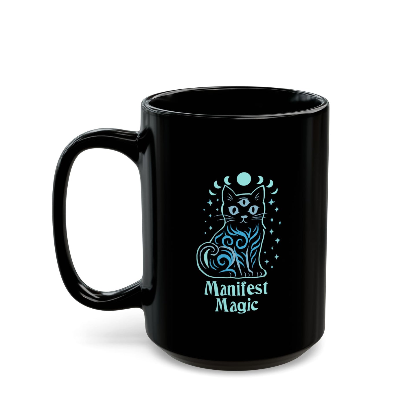 Manifest Magic Cat Mug — Black Ceramic Coffee Cup (11oz/15oz)