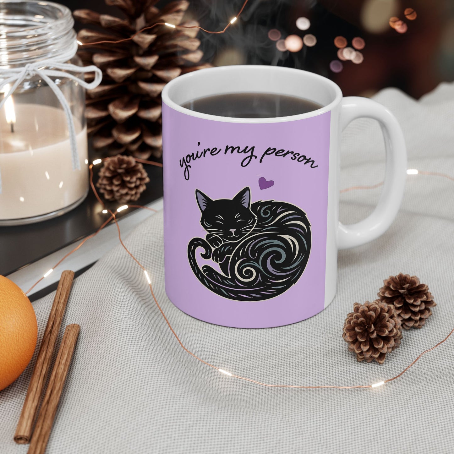 You're My Person Mug, Black Cat - 11 oz Purple Ceramic Coffee Cup - Valentine's Day Gift