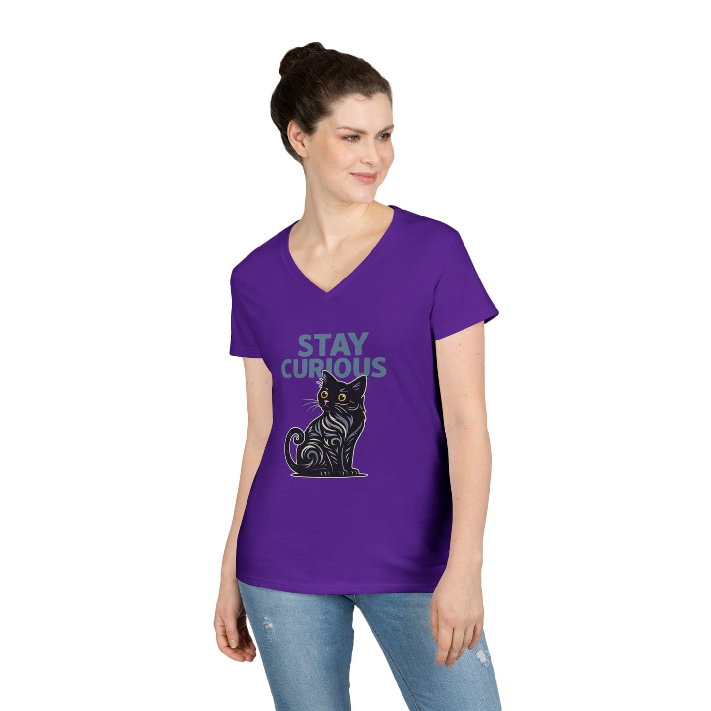 Stay Curious Cat T-Shirt - V Neck