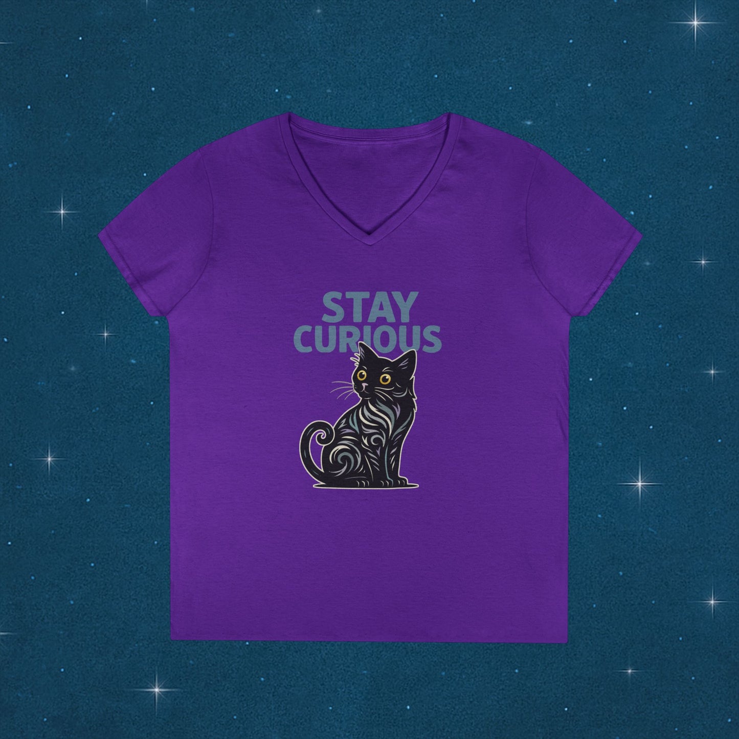 Stay Curious Cat T-Shirt - V Neck
