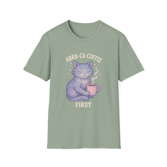 Abra-ca-coffee First T-Shirt | Cute Cat Tee, Pet Lover Gift, Animal Lover Shirt, Coffee Lover Gift