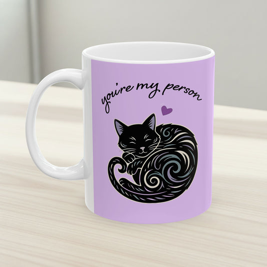 You're My Person Mug, Black Cat - 11 oz Purple Ceramic Coffee Cup - Valentine's Day Gift