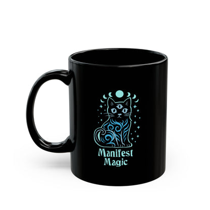 Manifest Magic Cat Mug — Black Ceramic Coffee Cup (11oz/15oz)