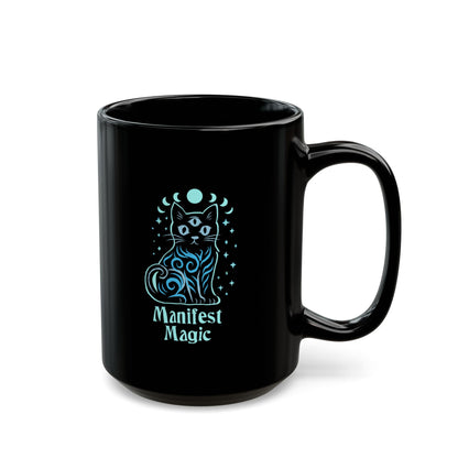 Manifest Magic Cat Mug — Black Ceramic Coffee Cup (11oz/15oz)