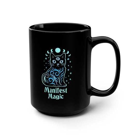 Manifest Magic Cat Mug — 15oz Black Ceramic