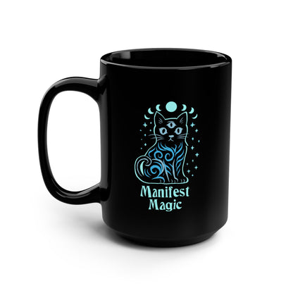 Manifest Magic Cat Mug — 15oz Black Ceramic