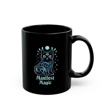 Manifest Magic Cat Mug — Black Ceramic Coffee Cup (11oz/15oz)