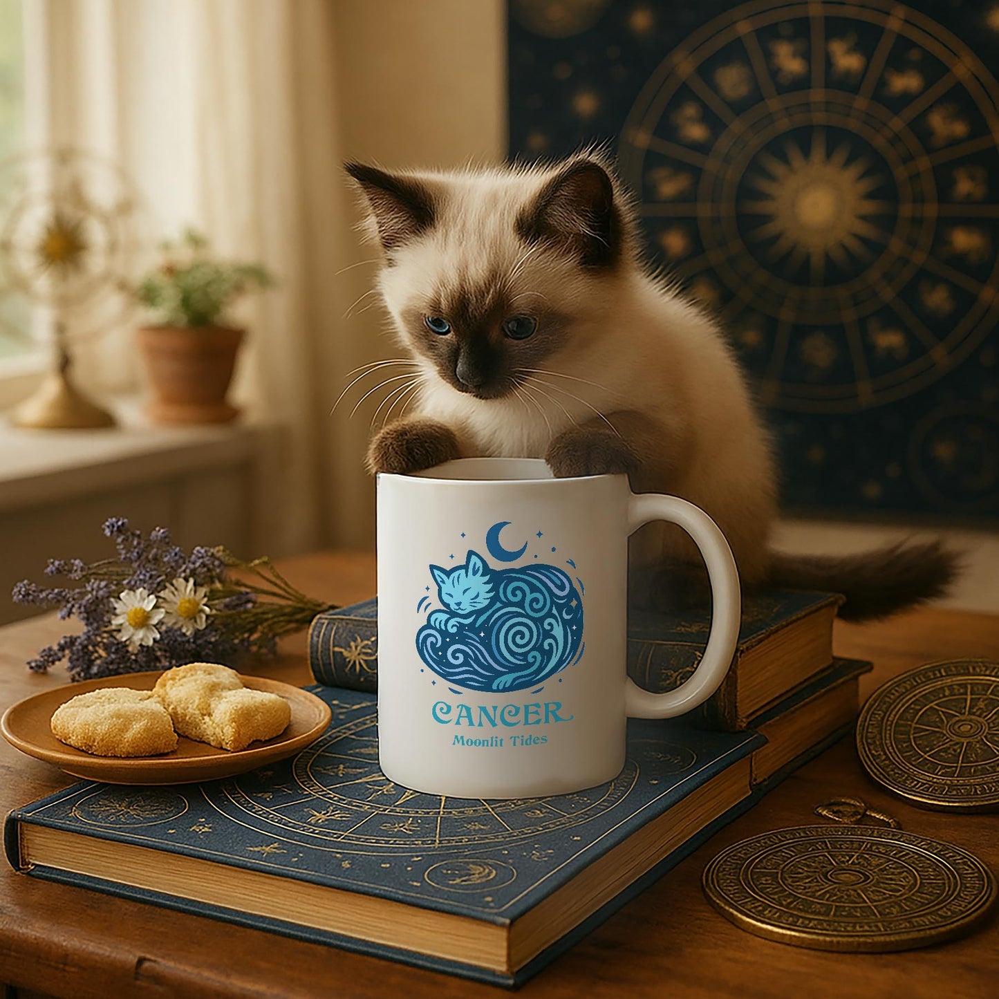 Cancer Zodiac Cat Mug - White | Astrological Sign Coffee Cup 11 and 15 oz