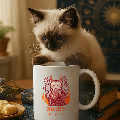 Aries Zodiac Cat Mug - White | Astrological Sign Coffee Cup 11 and 15 ounce