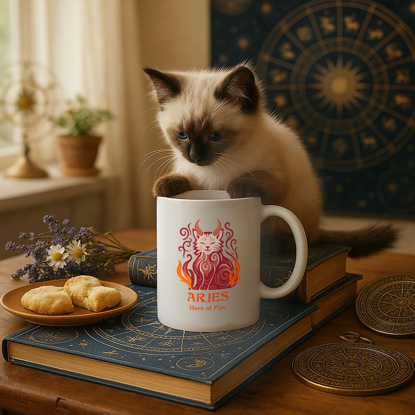 Aries Zodiac Cat Mug - White | Astrological Sign Coffee Cup 11 and 15 ounce