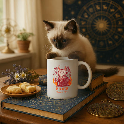 Aries Zodiac Cat Mug - White | Astrological Sign Coffee Cup 11 and 15 ounce