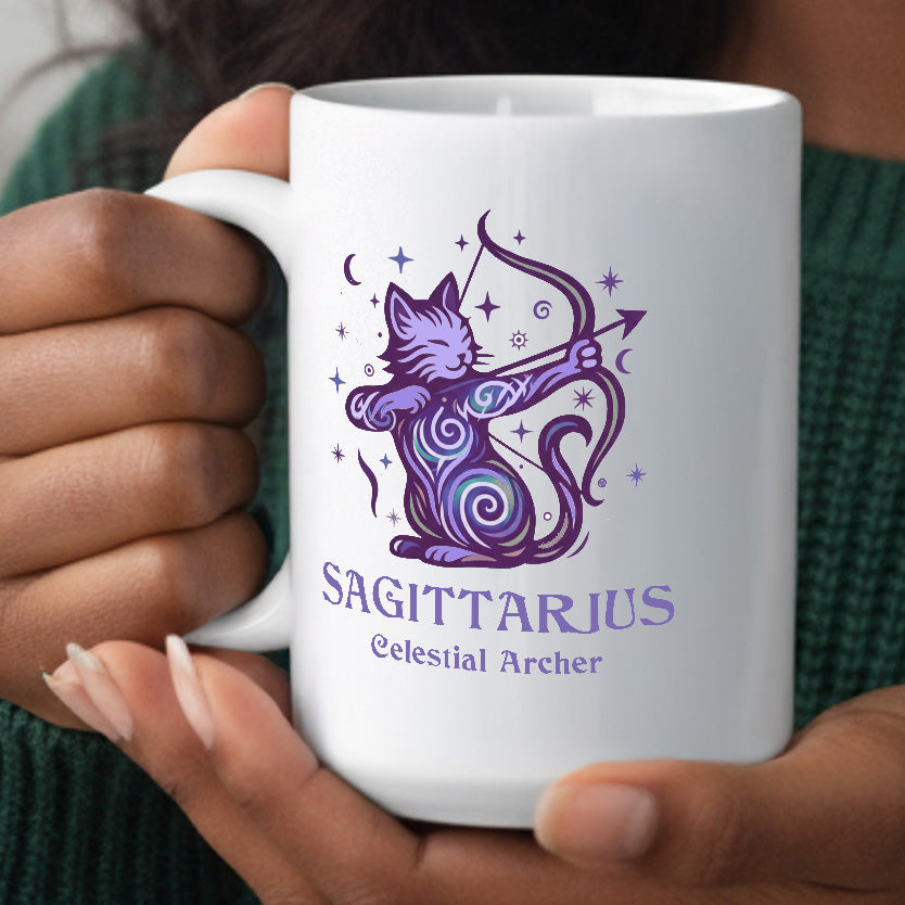 Sagittarius Zodiac Cat Mug - White | Astrological Sign Coffee Mug 11 or 15 oz