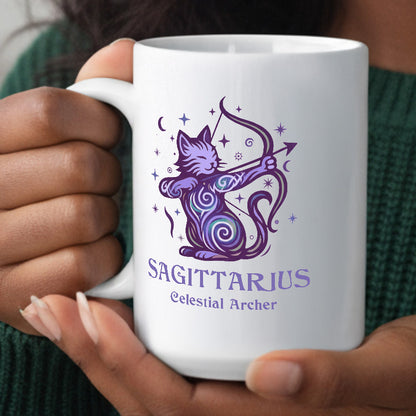 Sagittarius Zodiac Cat Mug - White | Astrological Sign Coffee Mug 11 or 15 oz