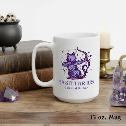 Sagittarius Zodiac Cat Mug - White | Astrological Sign Coffee Mug 11 or 15 oz