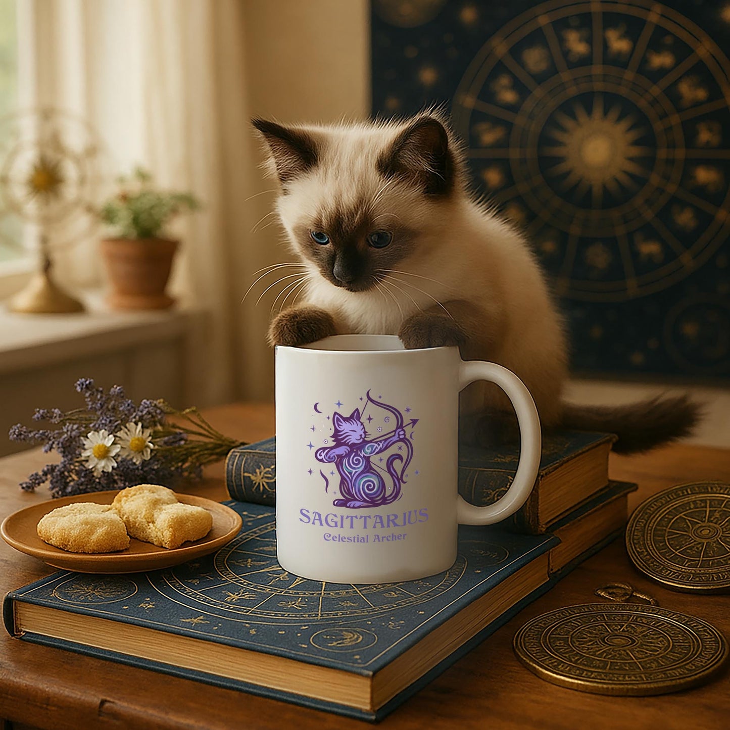 Sagittarius Zodiac Cat Mug - White | Astrological Sign Coffee Mug 11 or 15 oz