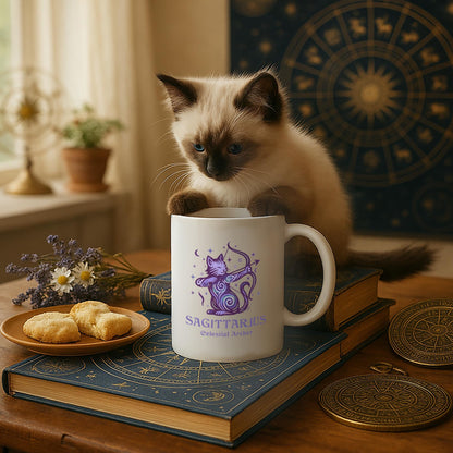 Sagittarius Zodiac Cat Mug - White | Astrological Sign Coffee Mug 11 or 15 oz
