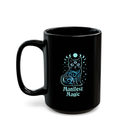 Manifest Magic Cat Mug — Black Ceramic Coffee Cup (11oz/15oz)