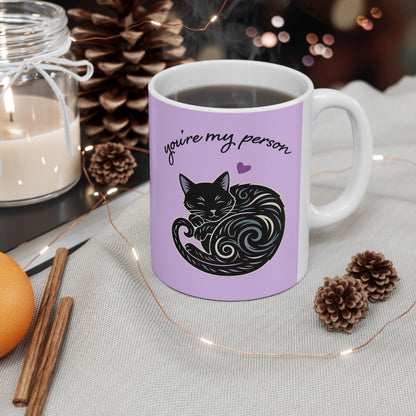 You're My Person Mug, Black Cat - 11 oz Purple Ceramic Coffee Cup - Valentine's Day Gift