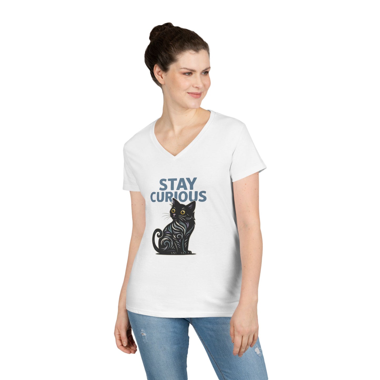 Stay Curious Cat T-Shirt - V Neck