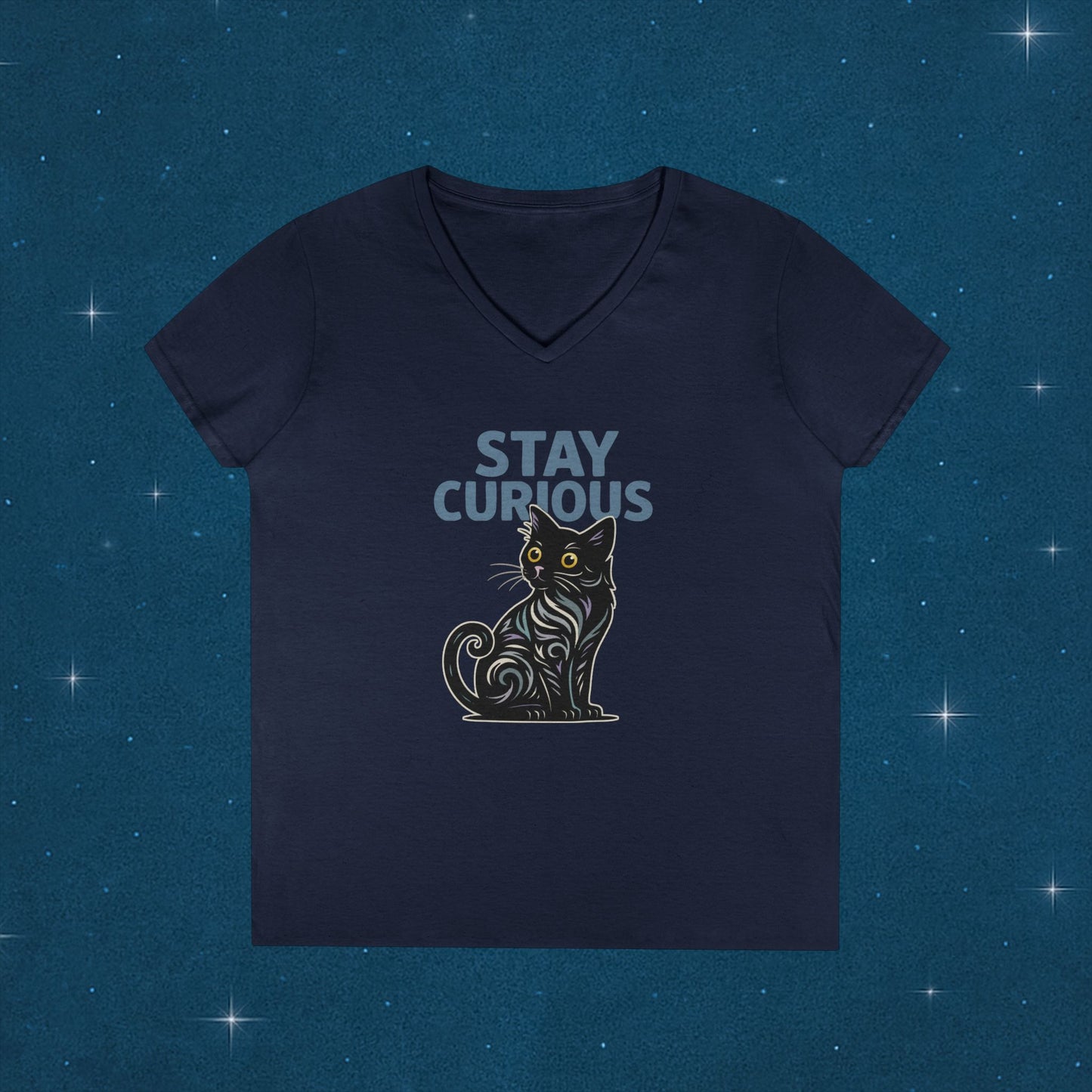 Stay Curious Cat T-Shirt - V Neck