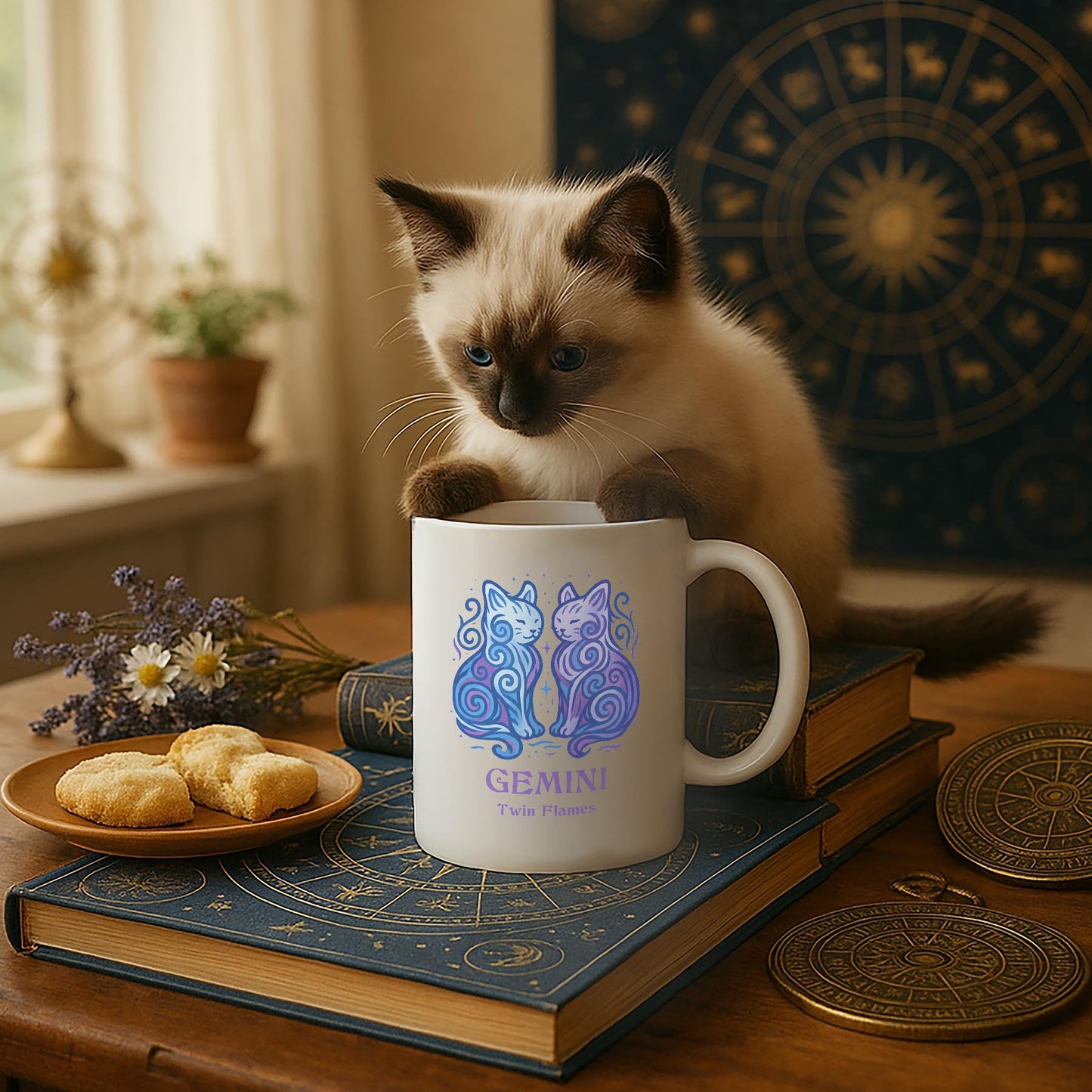 Gemini Zodiac Cat Mug - White | Astrological Sign Coffee Cup 11 or 15 oz