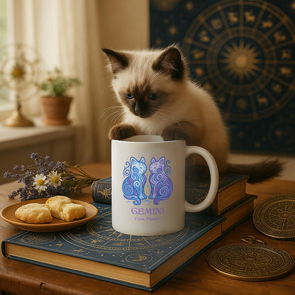 Gemini Zodiac Cat Mug - White | Astrological Sign Coffee Cup 11 or 15 oz