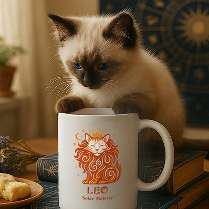 Leo Zodiac Cat Mug - White | Astrological Sign Coffee Cup 11 or 15 oz