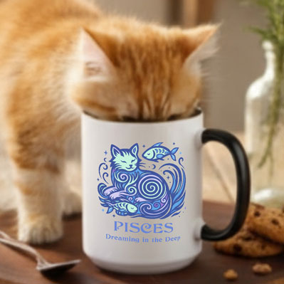 Pisces Zodiac Cat Mug — Pisces Astrological Sign with Cat Graphic