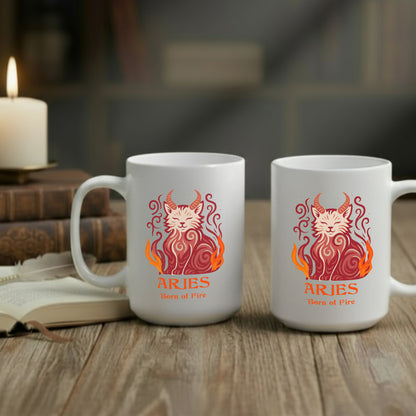 Aries Zodiac Cat Mug - White | Astrological Sign Coffee Cup 11 and 15 ounce