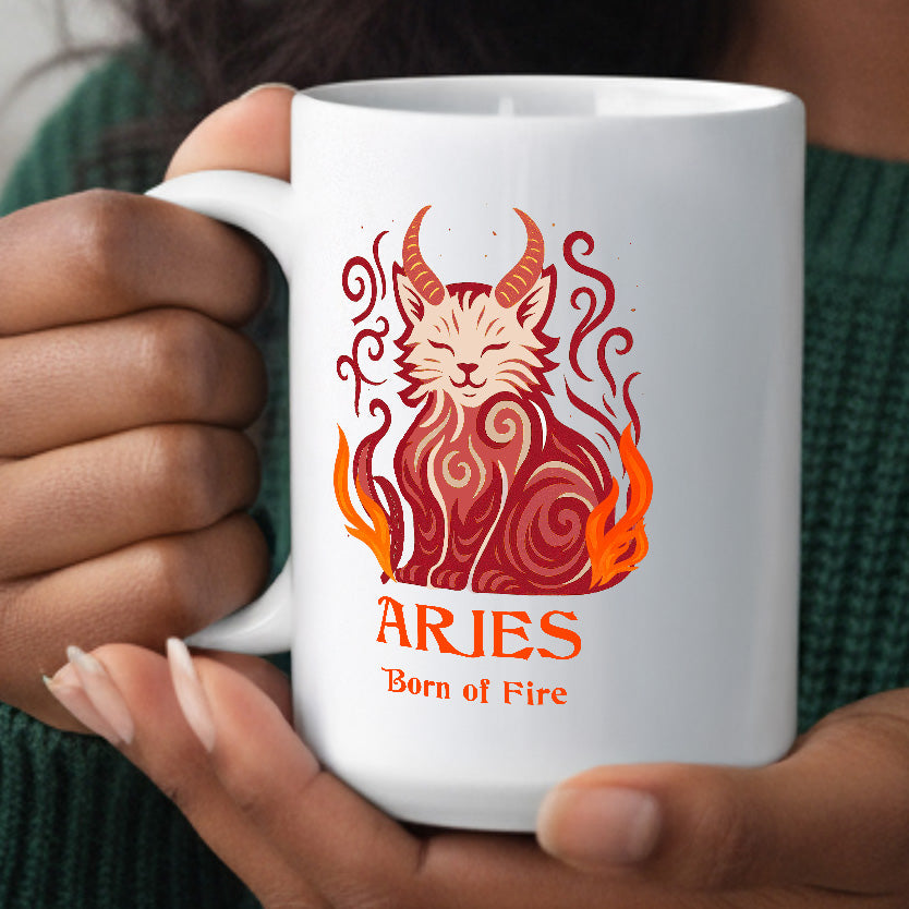Aries Zodiac Cat Mug - White | Astrological Sign Coffee Cup 11 and 15 ounce