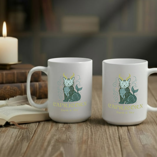 Capricorn Zodiac Cat Mug — Capricorn Astrological Sign with Cat Graphic