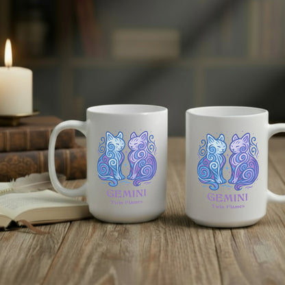 Gemini Zodiac Cat Mug - White | Astrological Sign Coffee Cup 11 or 15 oz