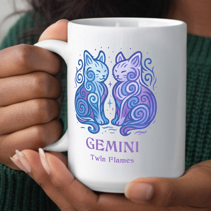 Gemini Zodiac Cat Mug - White | Astrological Sign Coffee Cup 11 or 15 oz