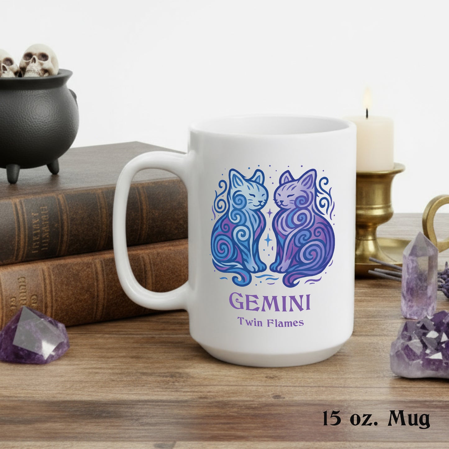 Gemini Zodiac Cat Mug - White | Astrological Sign Coffee Cup 11 or 15 oz