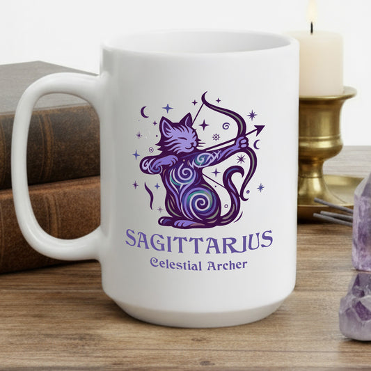 Sagittarius Zodiac Cat Mug — Sagittarius Astrological Sign with Cat Graphic