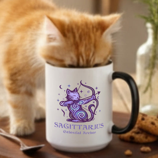 Sagittarius Zodiac Cat Mug — Sagittarius Astrological Sign with Cat Graphic