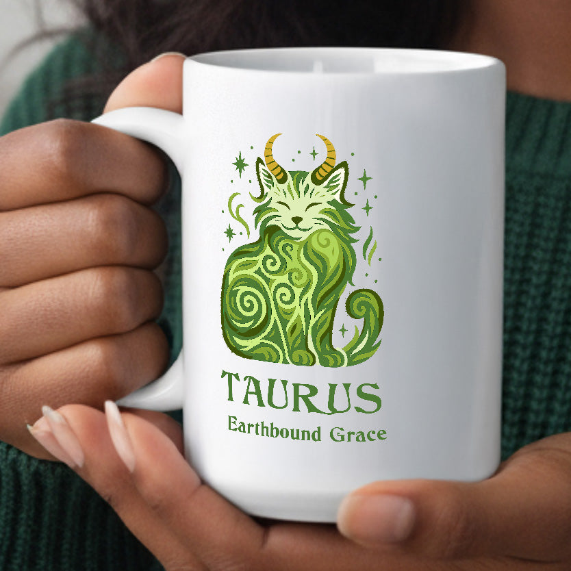 Taurus Zodiac Cat Mug - White | Astrological Sign Coffee Cup  11 oz + 15 oz