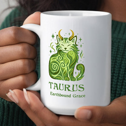 Taurus Zodiac Cat Mug - White | Astrological Sign Coffee Cup  11 oz + 15 oz