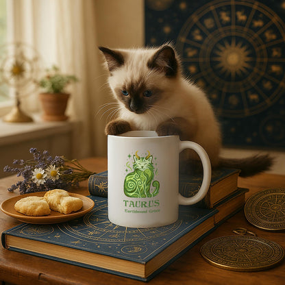 Taurus Zodiac Cat Mug - White | Astrological Sign Coffee Cup  11 oz + 15 oz